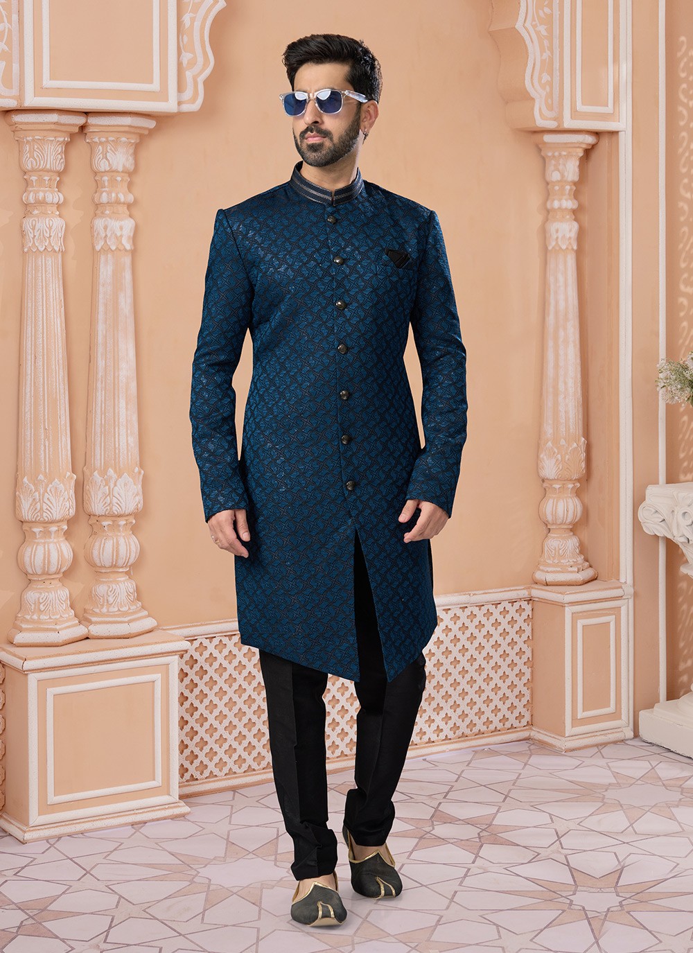 Embroidered Jacquard Teal Indo Western Sherwani - M6884