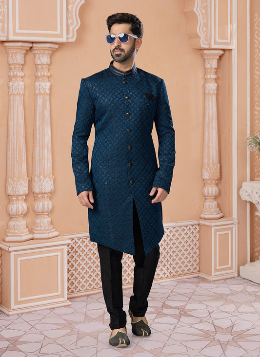 Embroidered Jacquard Teal Indo Western Sherwani - M6884