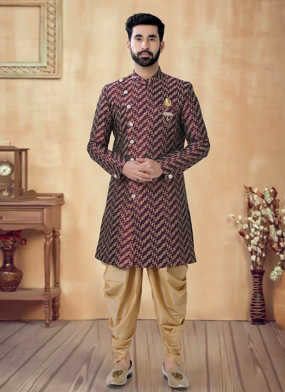 Embroidered Jacquard Multi Colour Sherwani - M8513