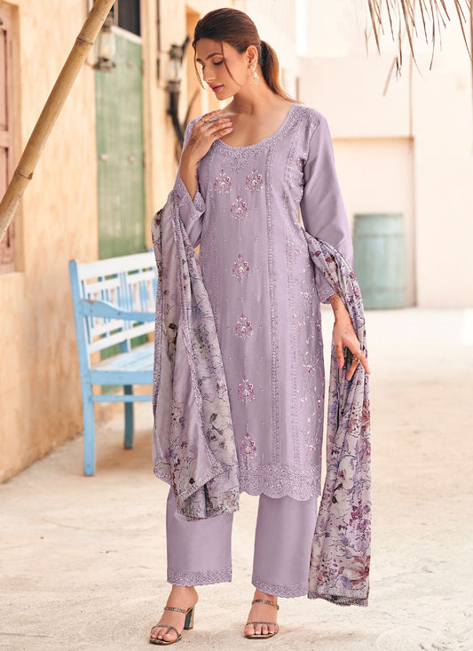 Pant Style Suit Embroidered Lavender T7170