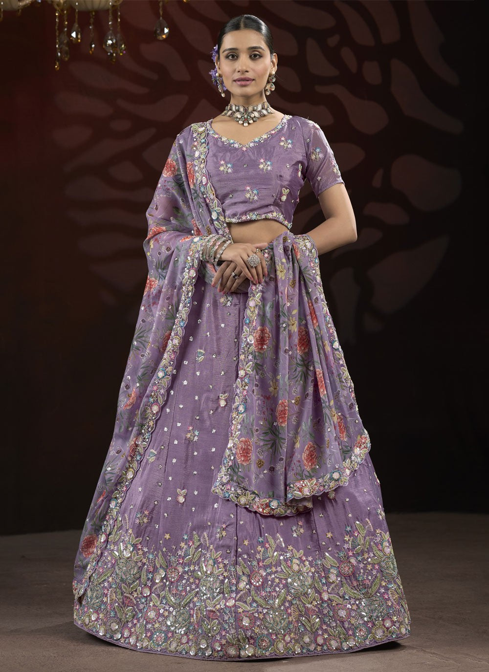 Embroidered Net Lavender Lehenga - L3212
