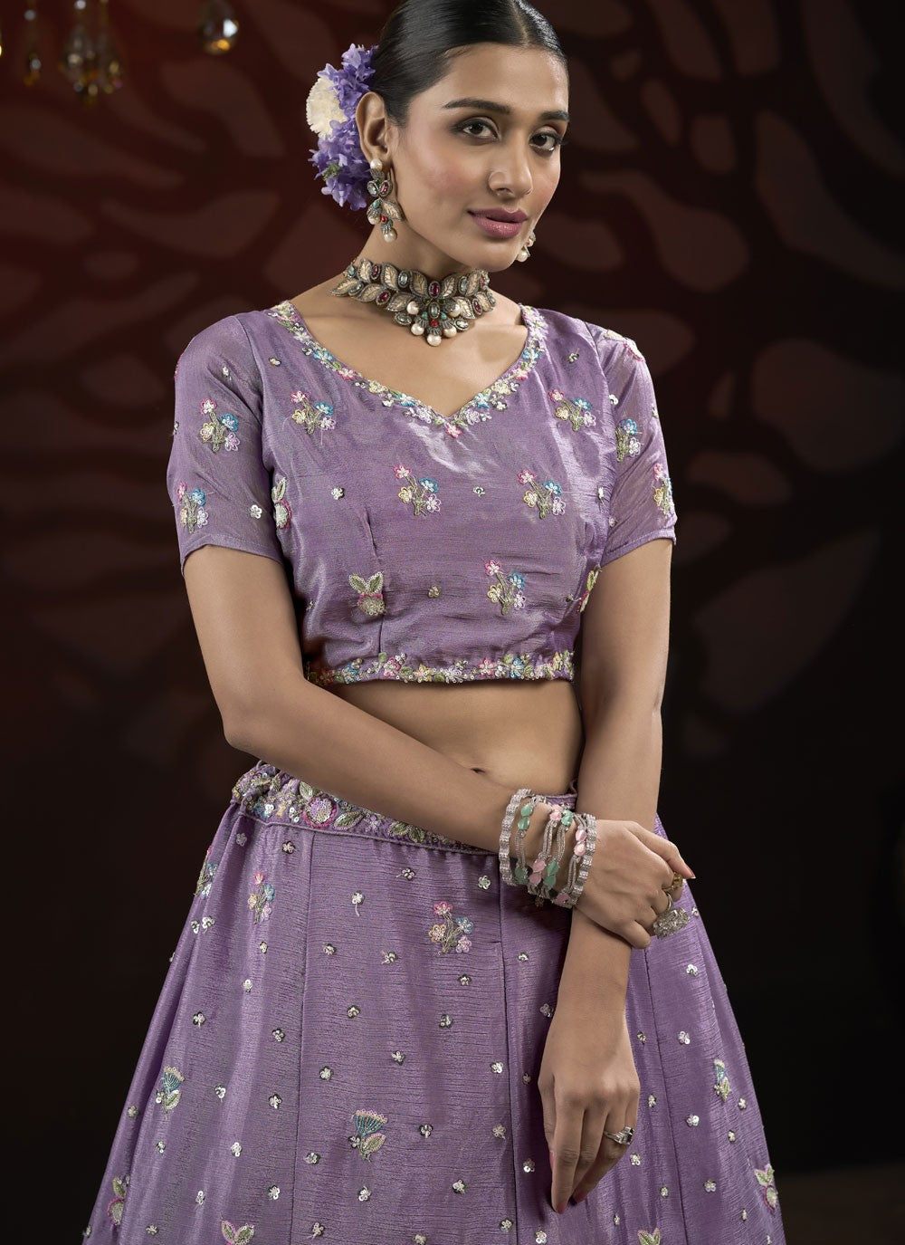 Embroidered Net Lavender Lehenga - L3212