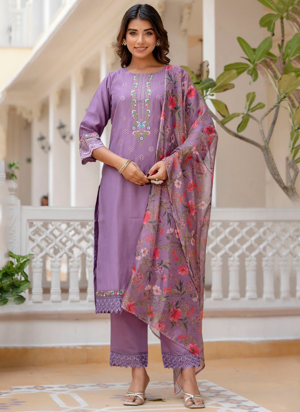 Embroidered Silk Lavender Salwar Suit T6136