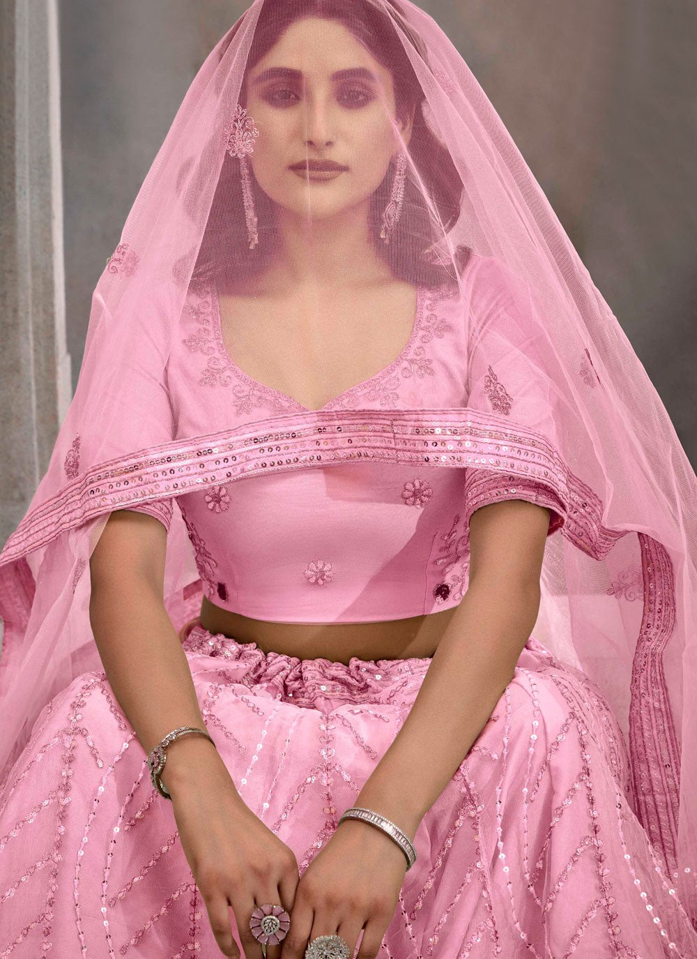 Embroidered Net Pink Lehenga - L3244