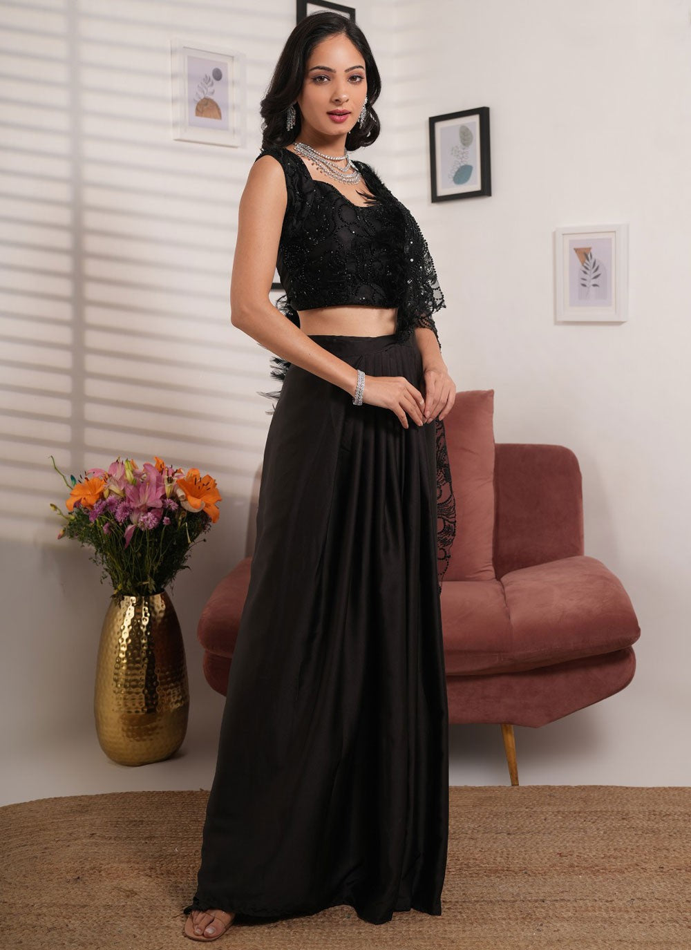 Lehenga Saree Embroidered Black Satin Saree S13174
