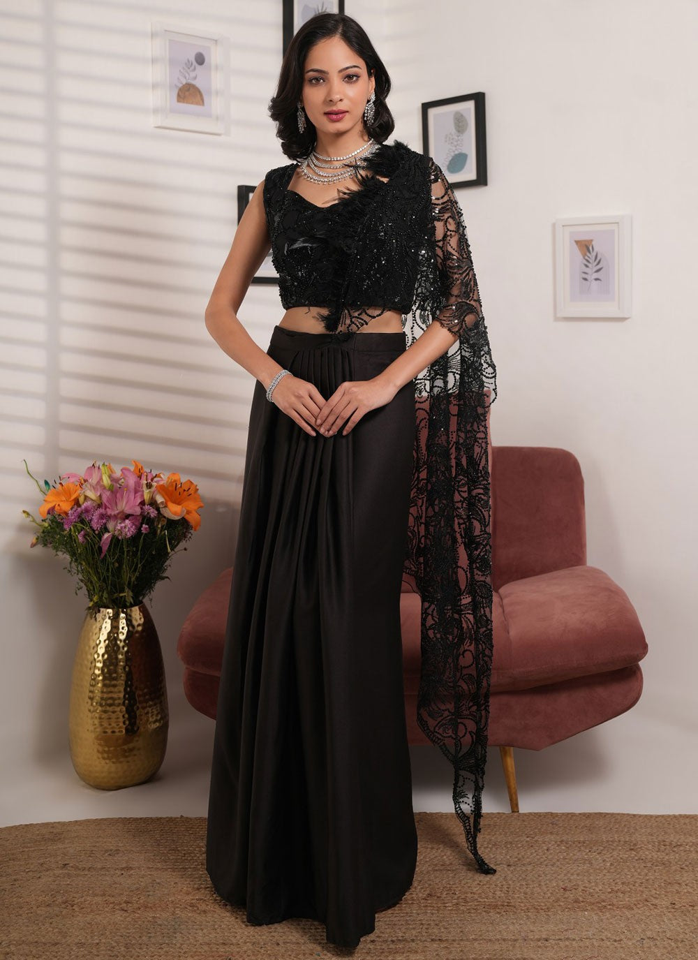 Lehenga Saree Embroidered Black Satin Saree S13174