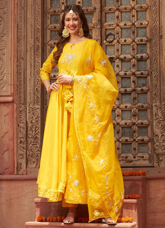 Embroidered Rayon Yellow Anarkali T6598