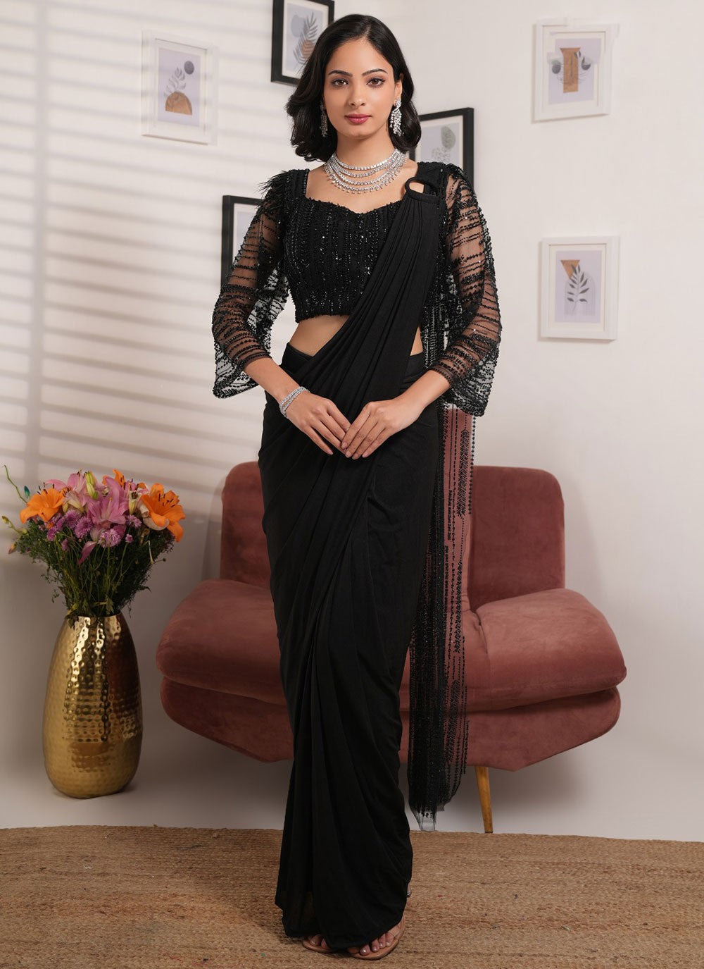 Classic Saree Embroidered Black Lycra Saree S13176