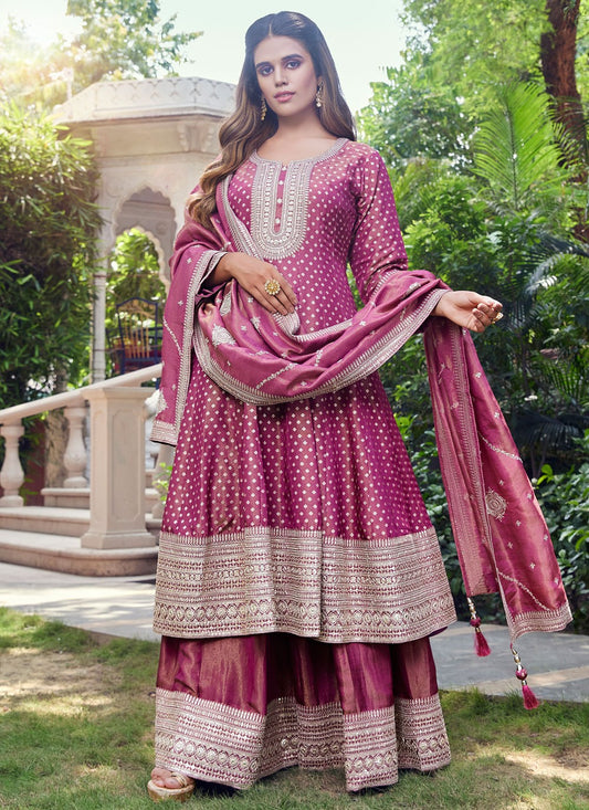 Salwar Suit Embroidered Magenta Silk T5065