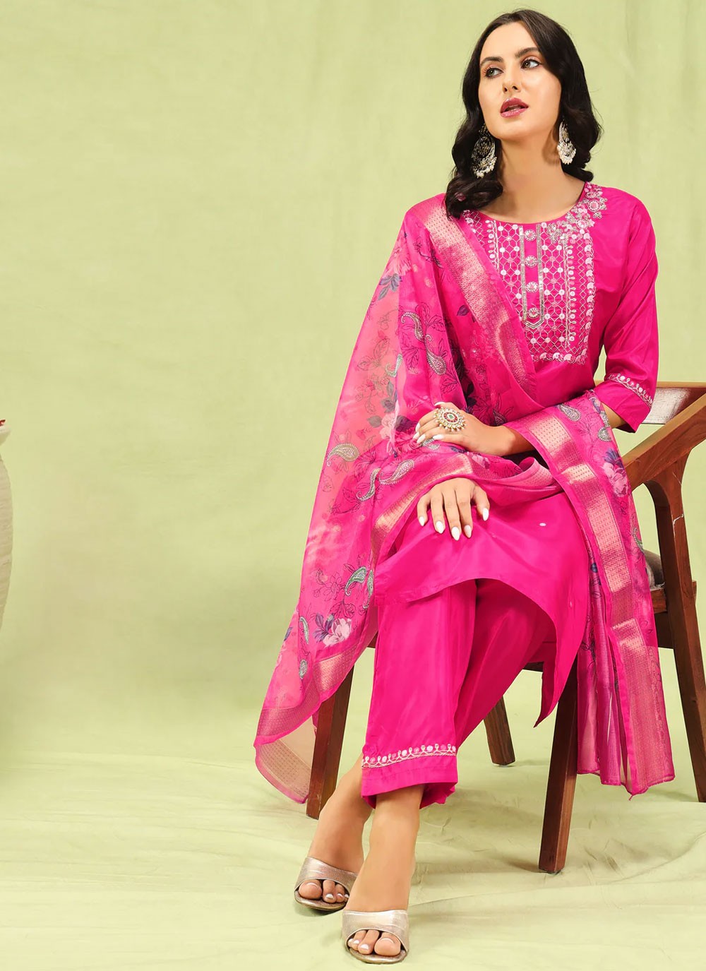 Embroidered Silk Blend Magenta Pant Style Suit T6250