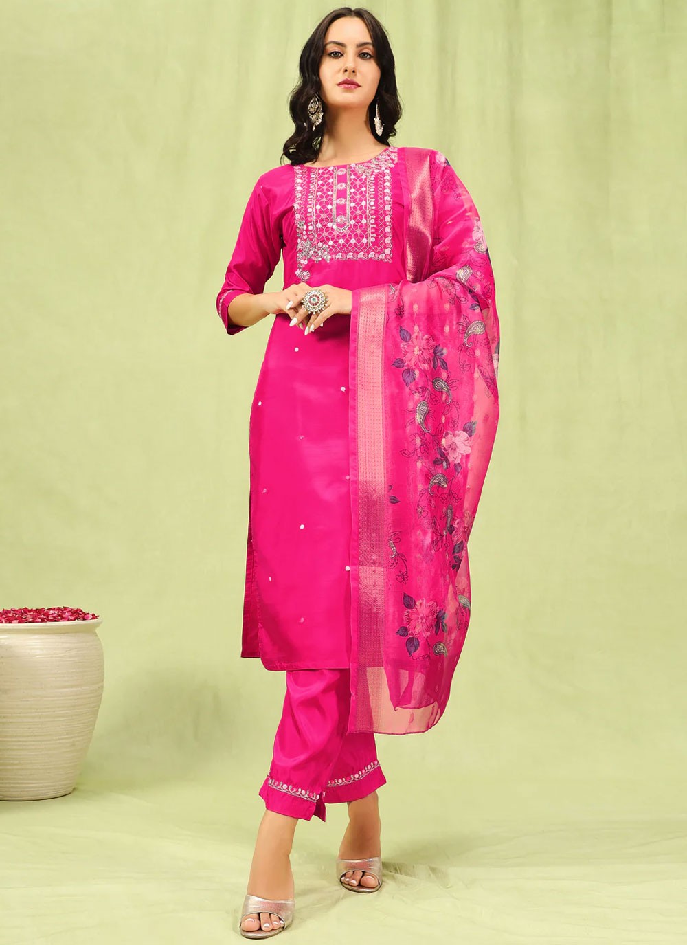 Embroidered Silk Blend Magenta Pant Style Suit T6250