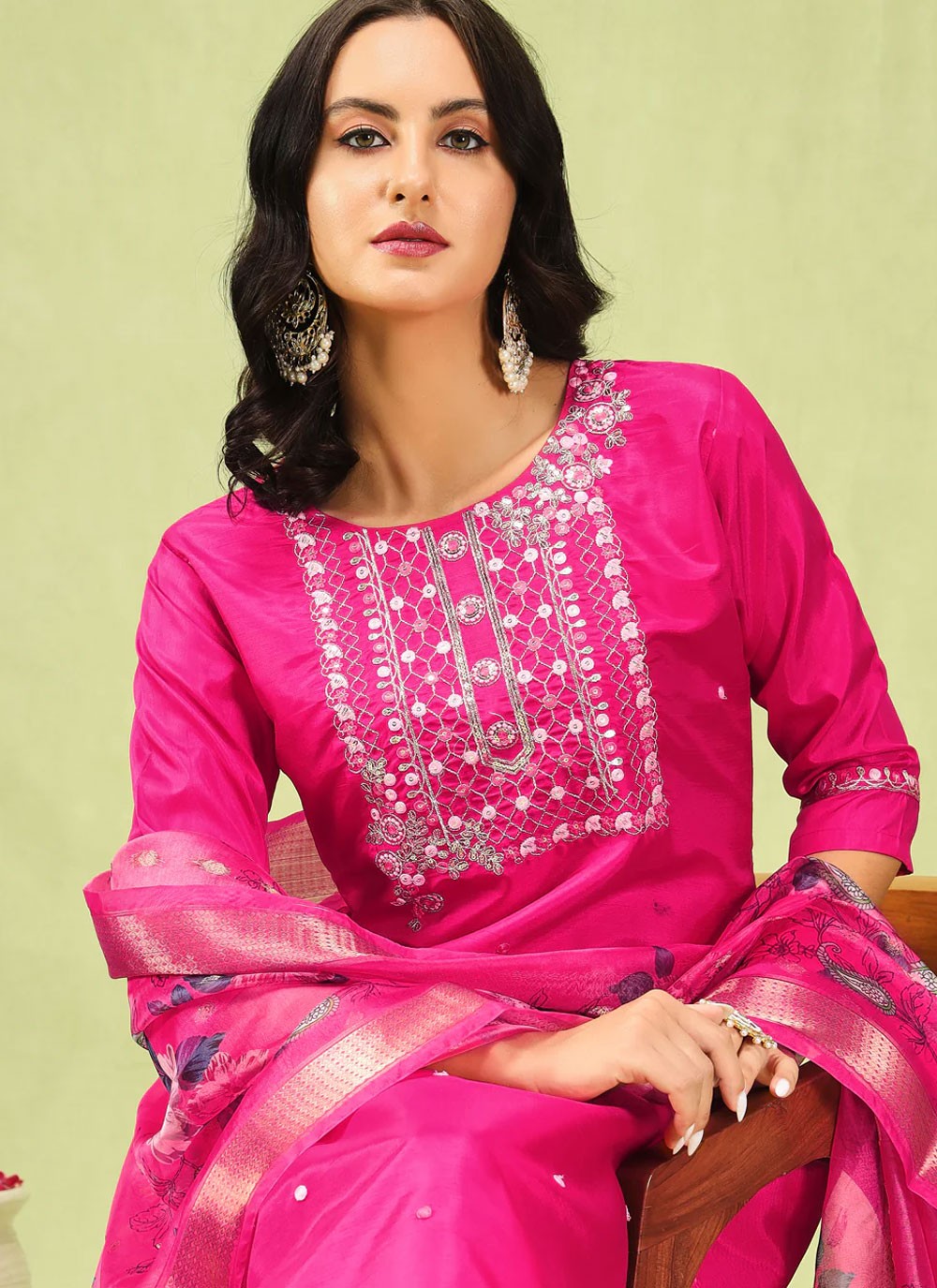 Embroidered Silk Blend Magenta Pant Style Suit T6250