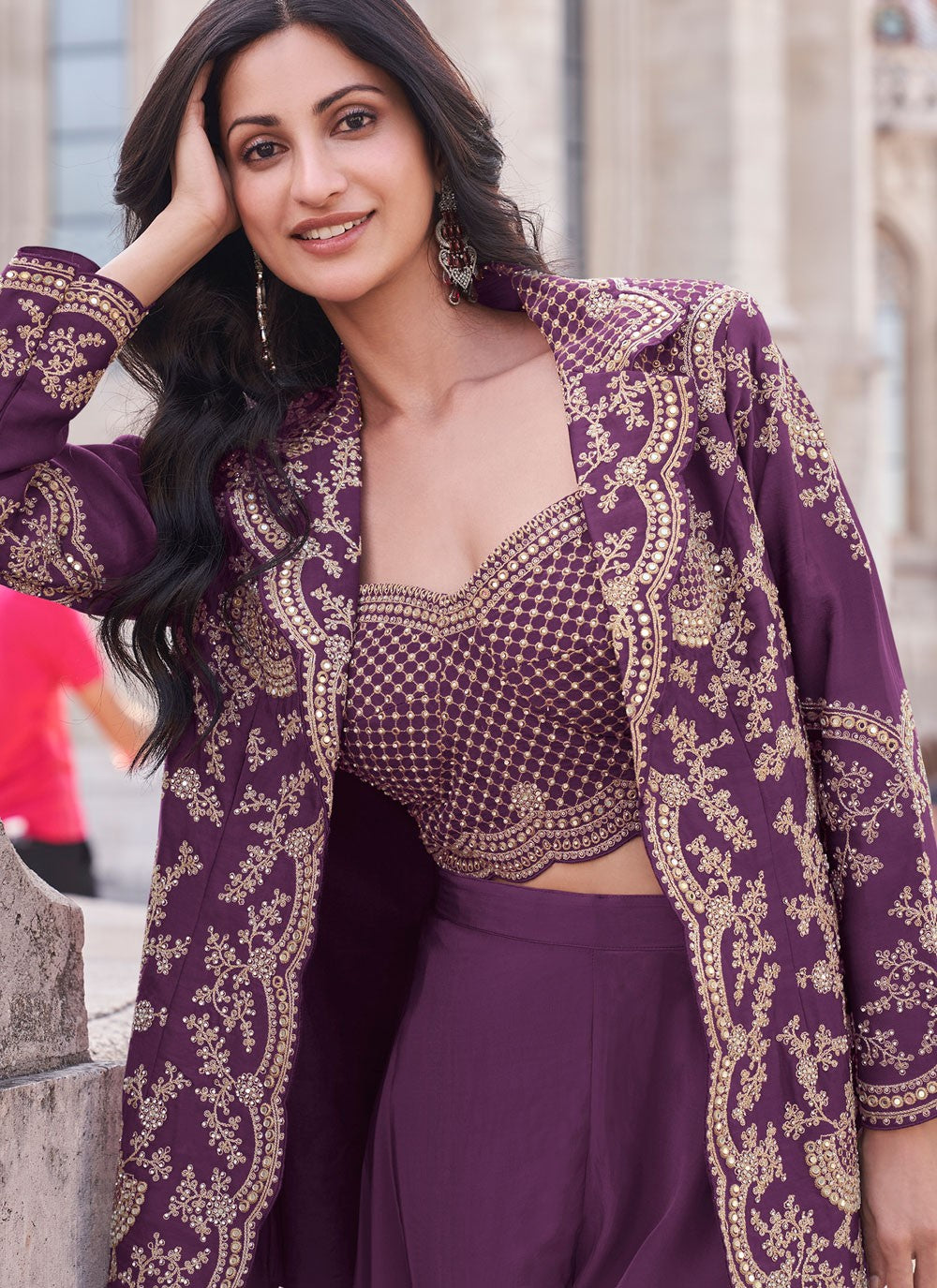 Palazzo Suit Embroidered Mauve Silk T5365