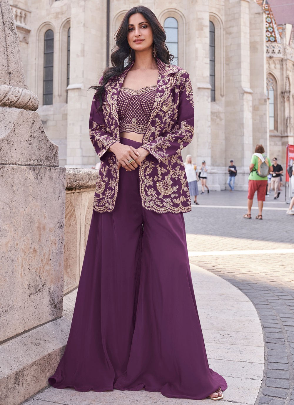 Palazzo Suit Embroidered Mauve Silk T5365