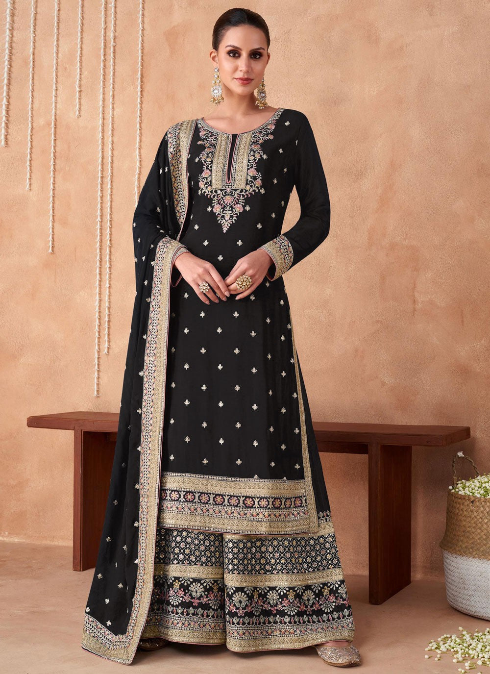 Embroidered Georgette Sharara - T4850