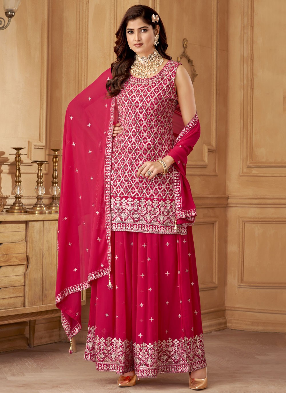 Salwar Suit Embroidered Hot Pink Georgette T5598