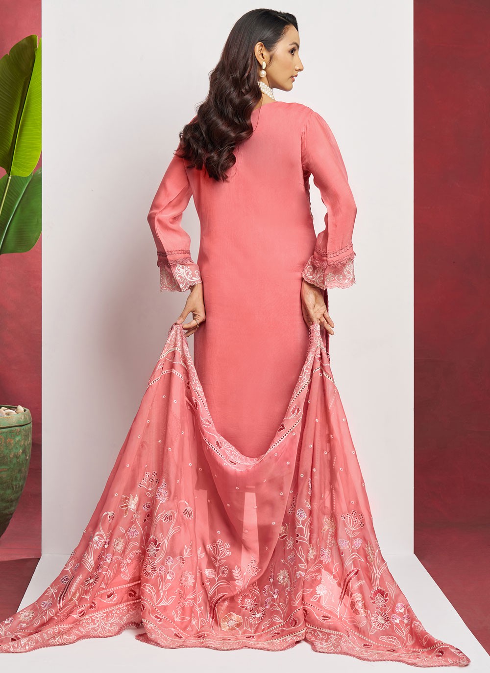 Salwar Suit Embroidered Peach, Pink Organza T5764