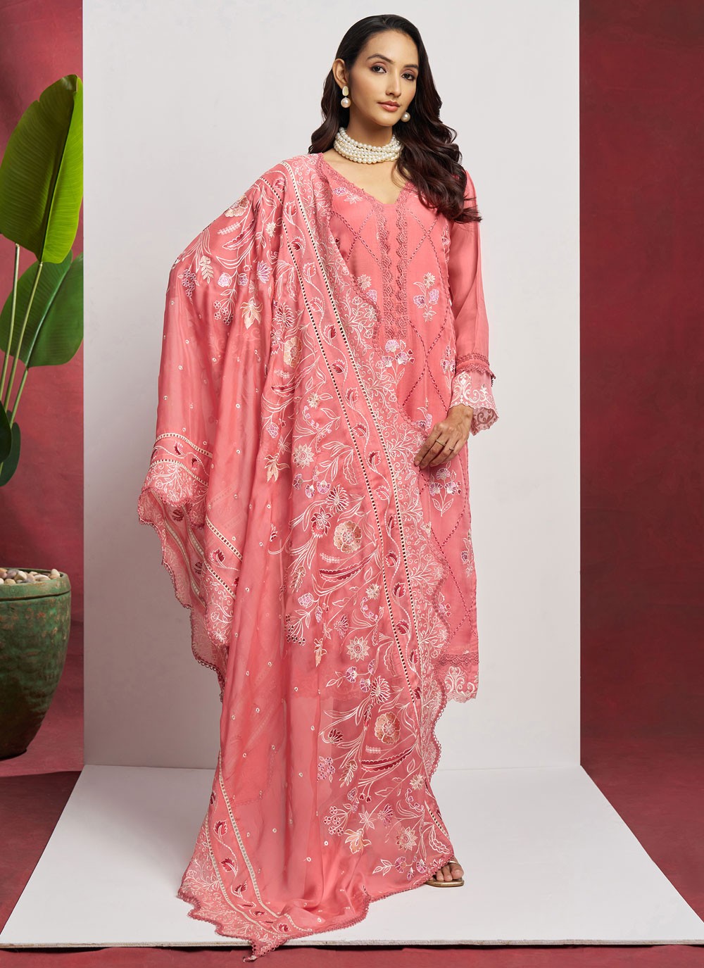 Salwar Suit Embroidered Peach, Pink Organza T5764