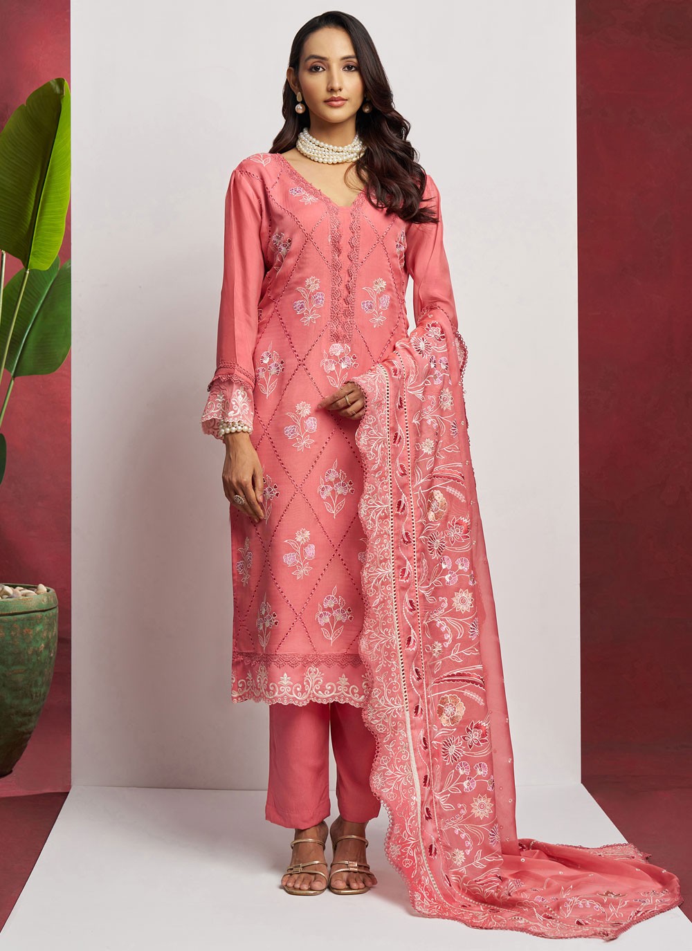 Salwar Suit Embroidered Peach, Pink Organza T5764
