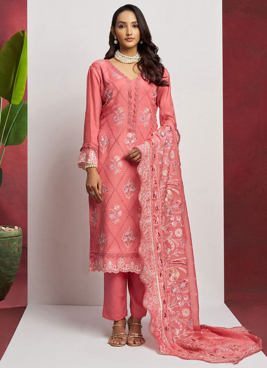 Salwar Suit Embroidered Peach, Pink Organza T5764