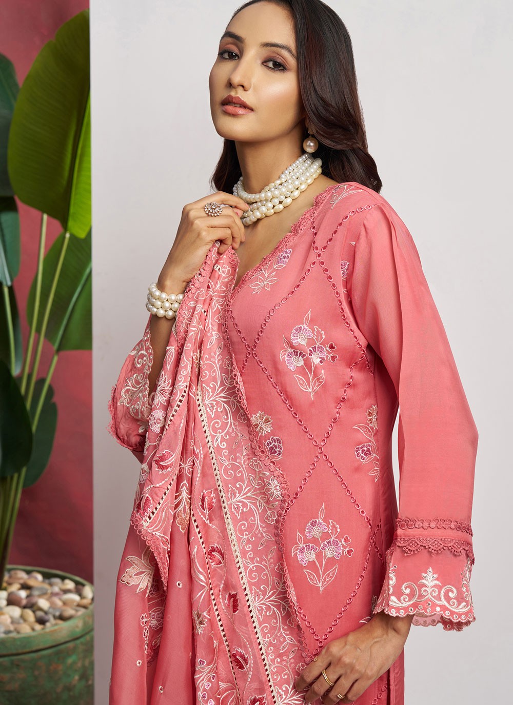Salwar Suit Embroidered Peach, Pink Organza T5764