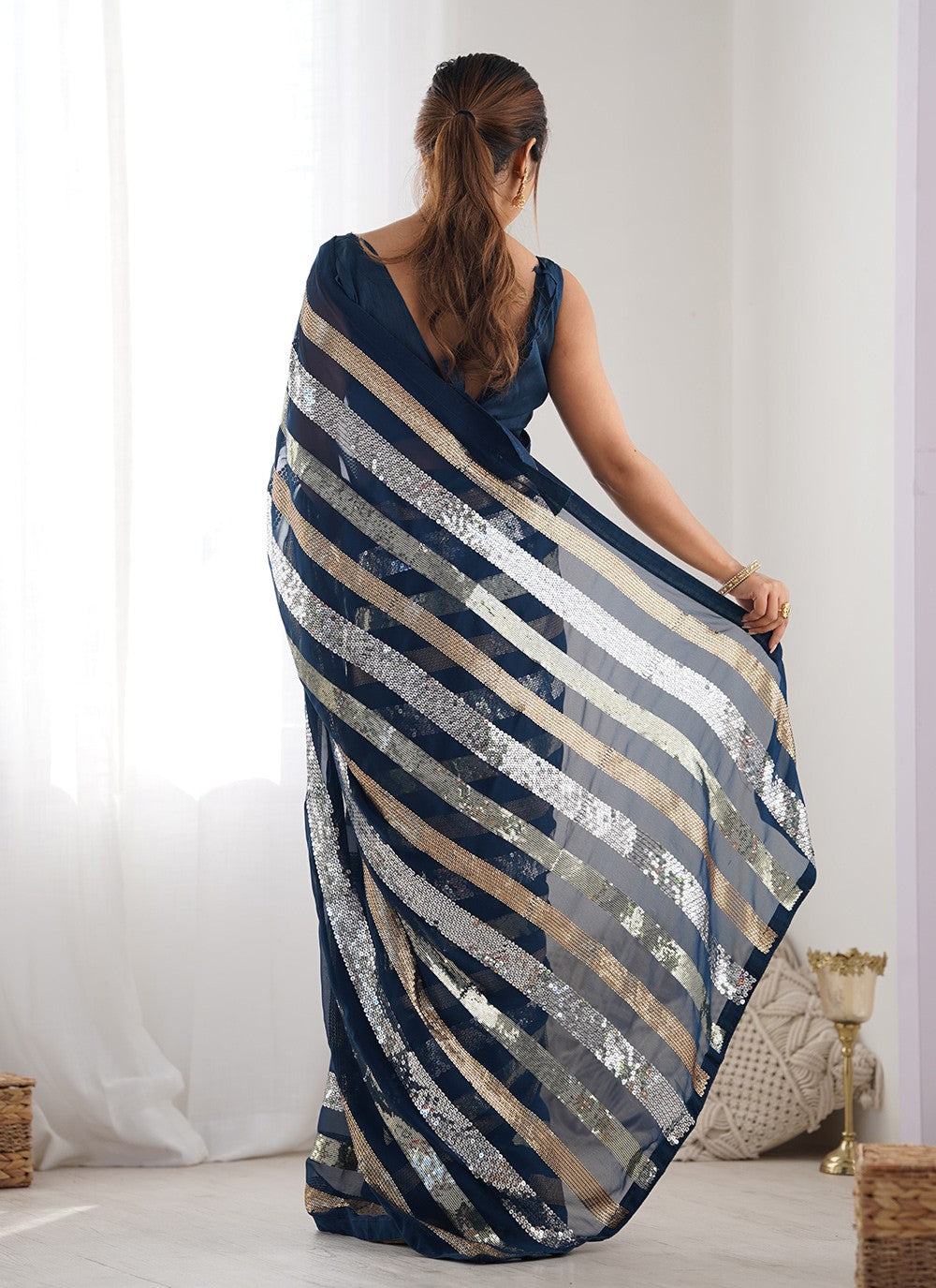 Classic Saree Border Work Morpeach Georgette S12415