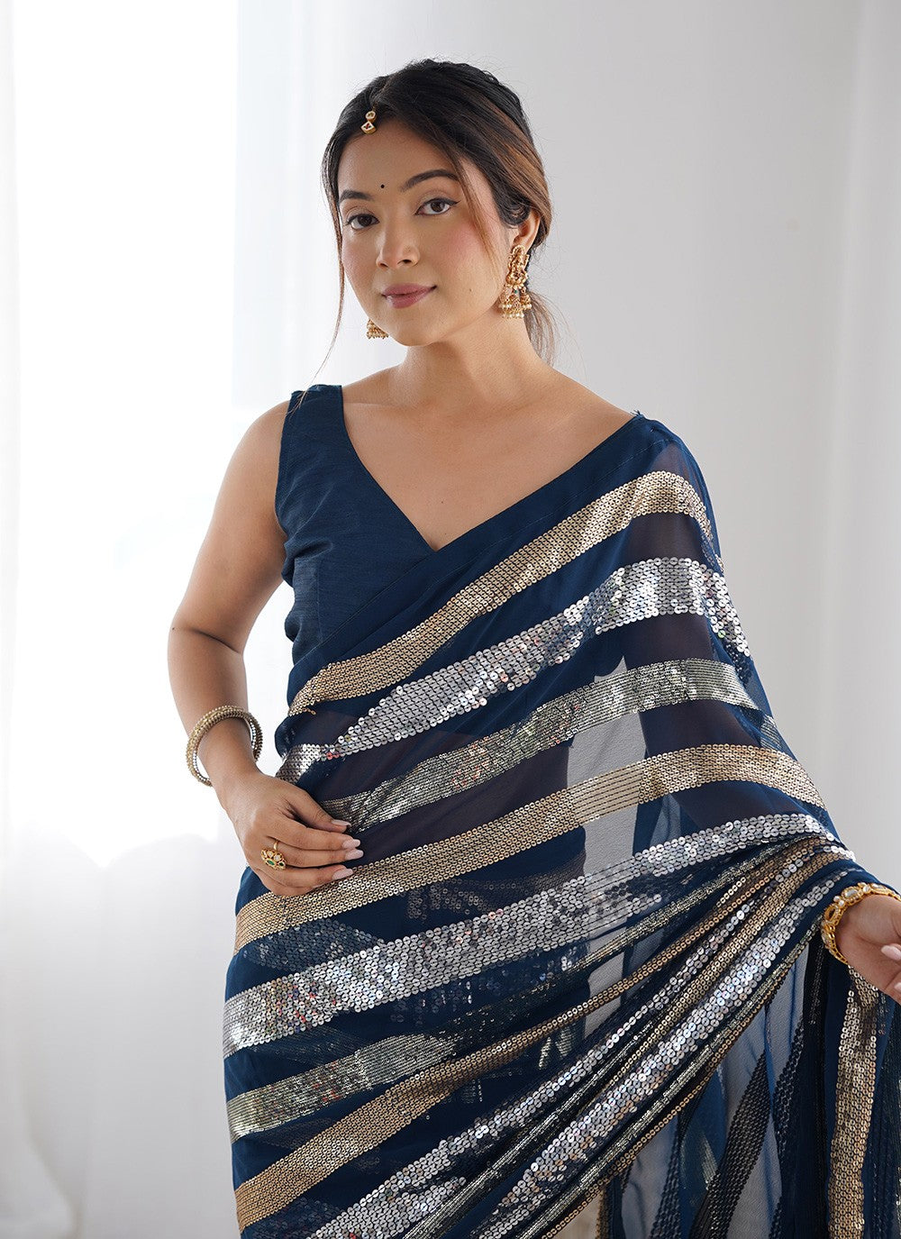 Classic Saree Border Work Morpeach Georgette Saree S12415