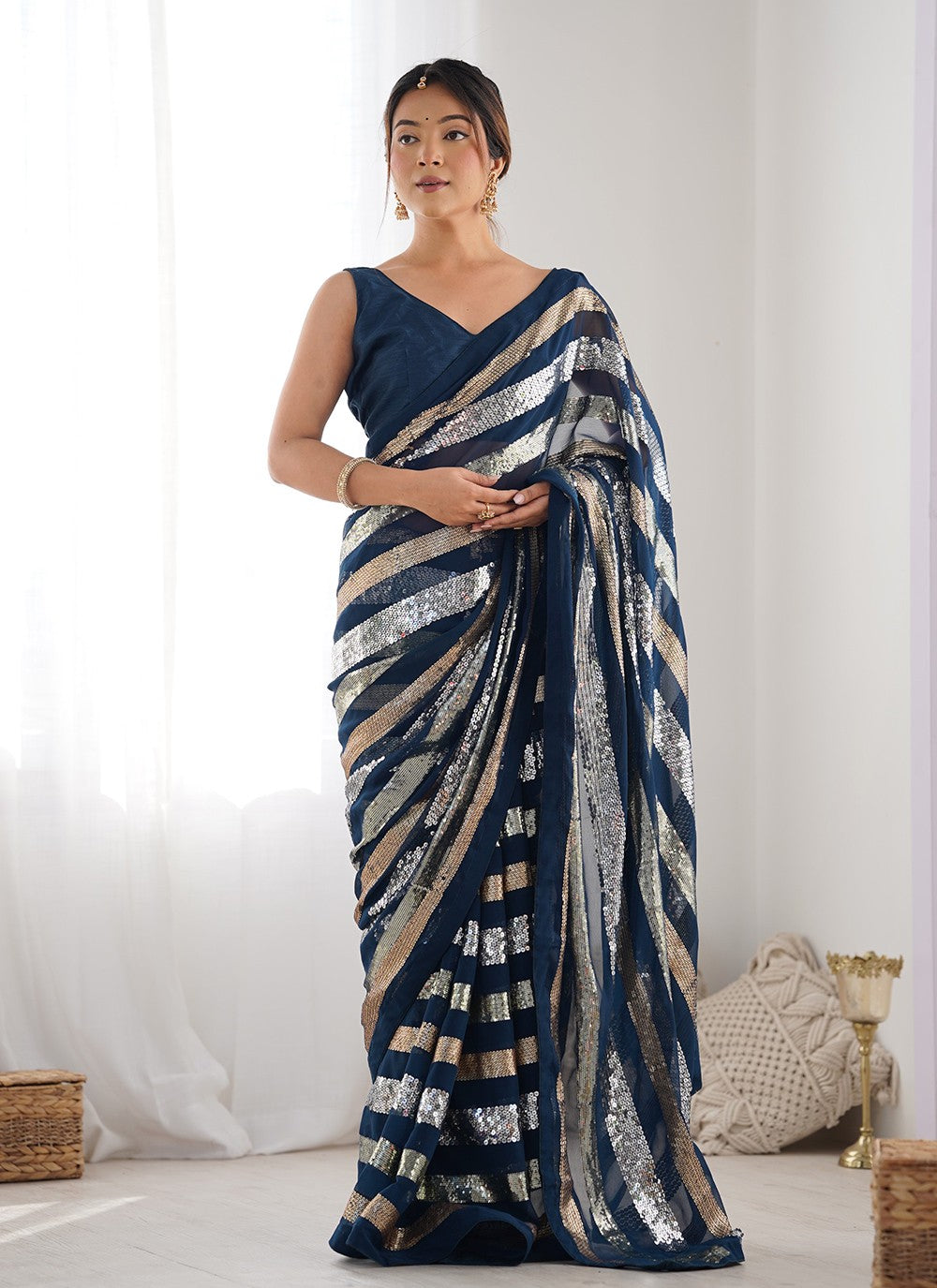 Classic Saree Border Work Morpeach Georgette Saree S12415