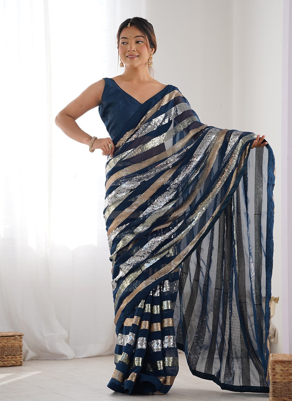 Classic Saree Border Work Morpeach Georgette Saree S12415