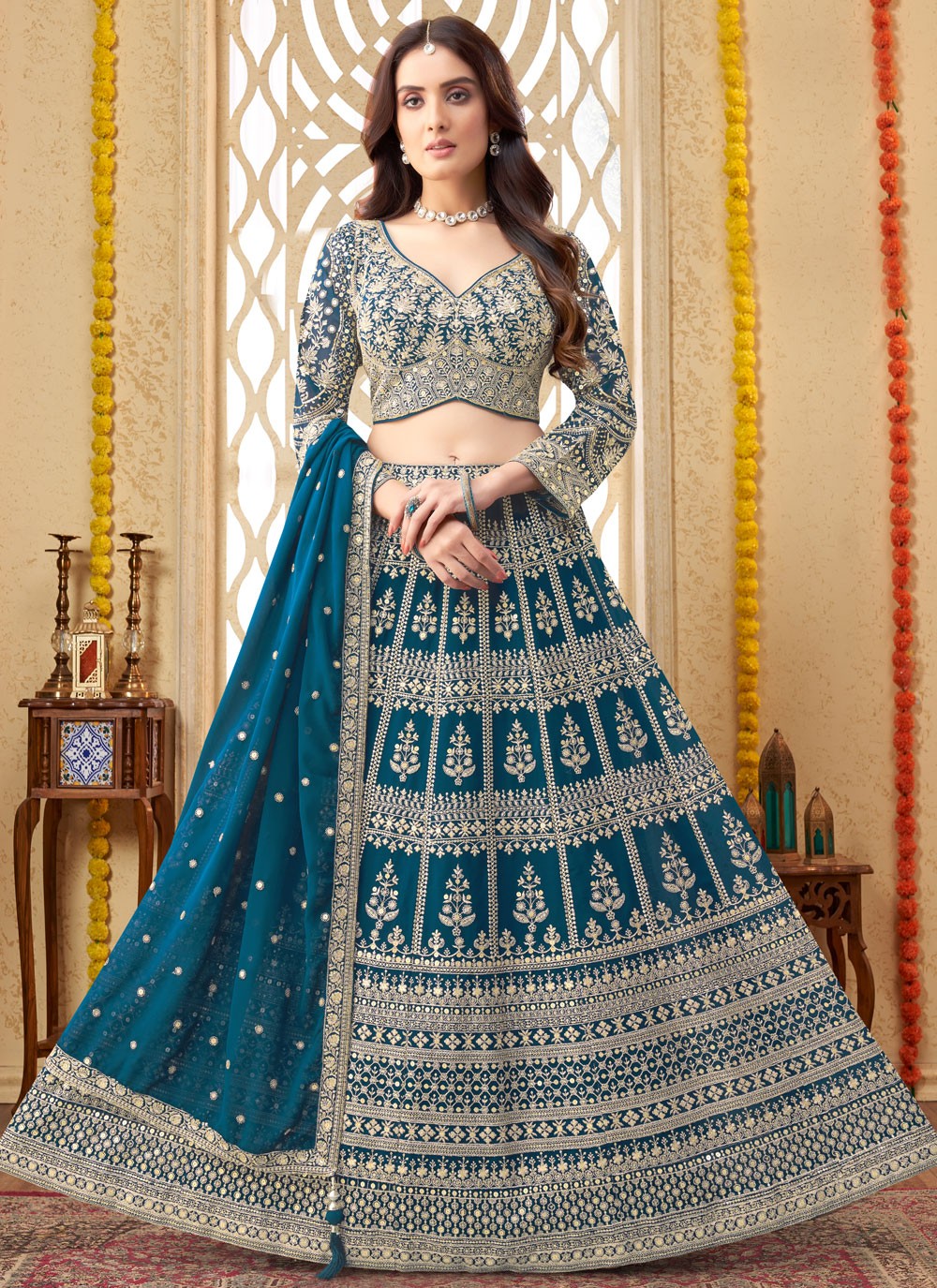 Embroidered Georgette Morpeach Readymade Lehenga Choli  L3764