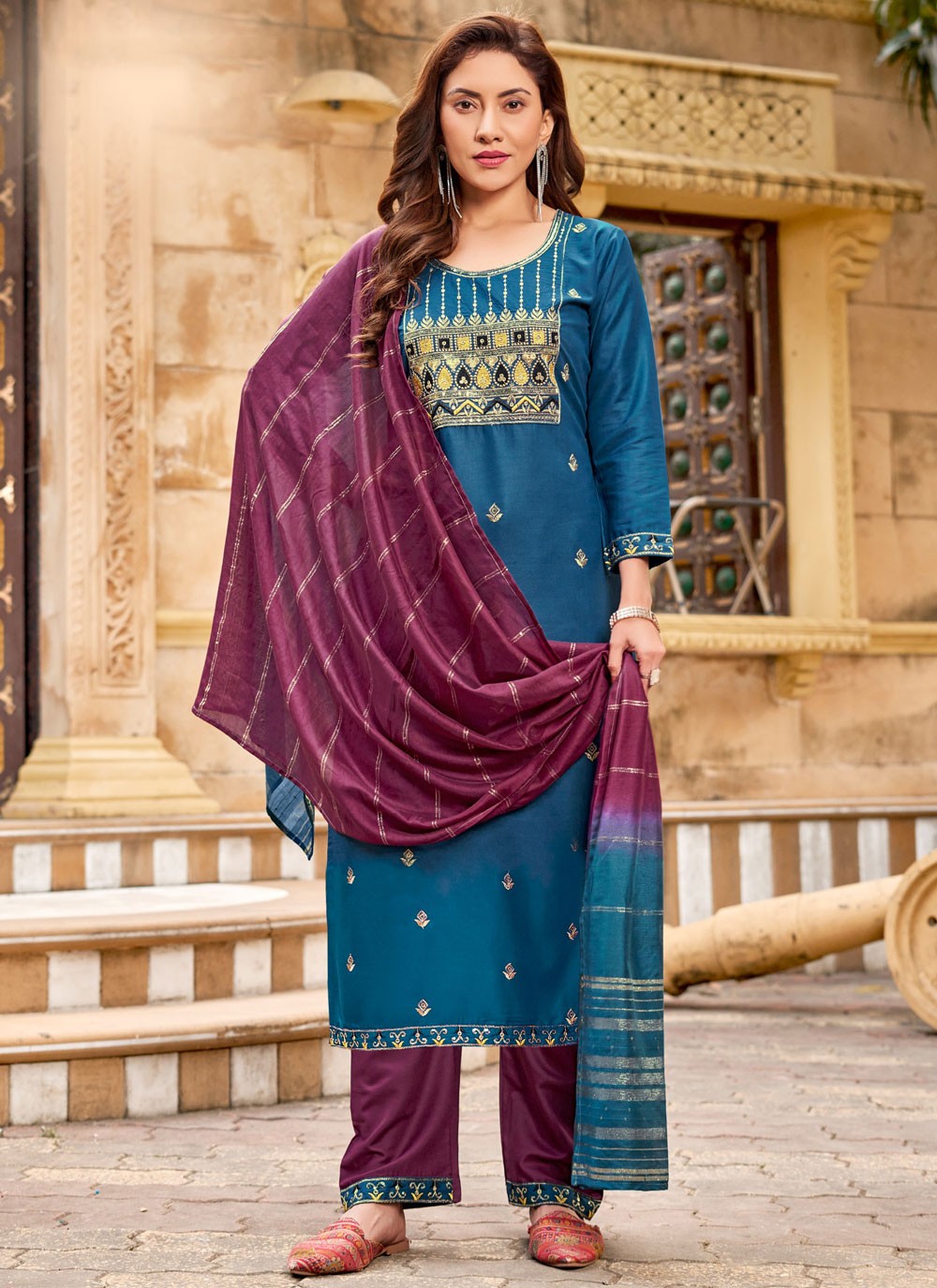 Embroidered Rayon Pant Style Suit - T4747