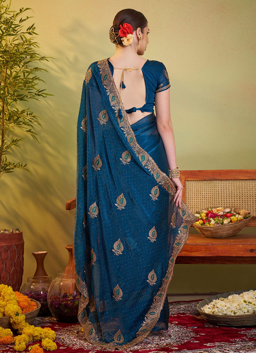 Embroidered Satin Morpeach Saree S14413