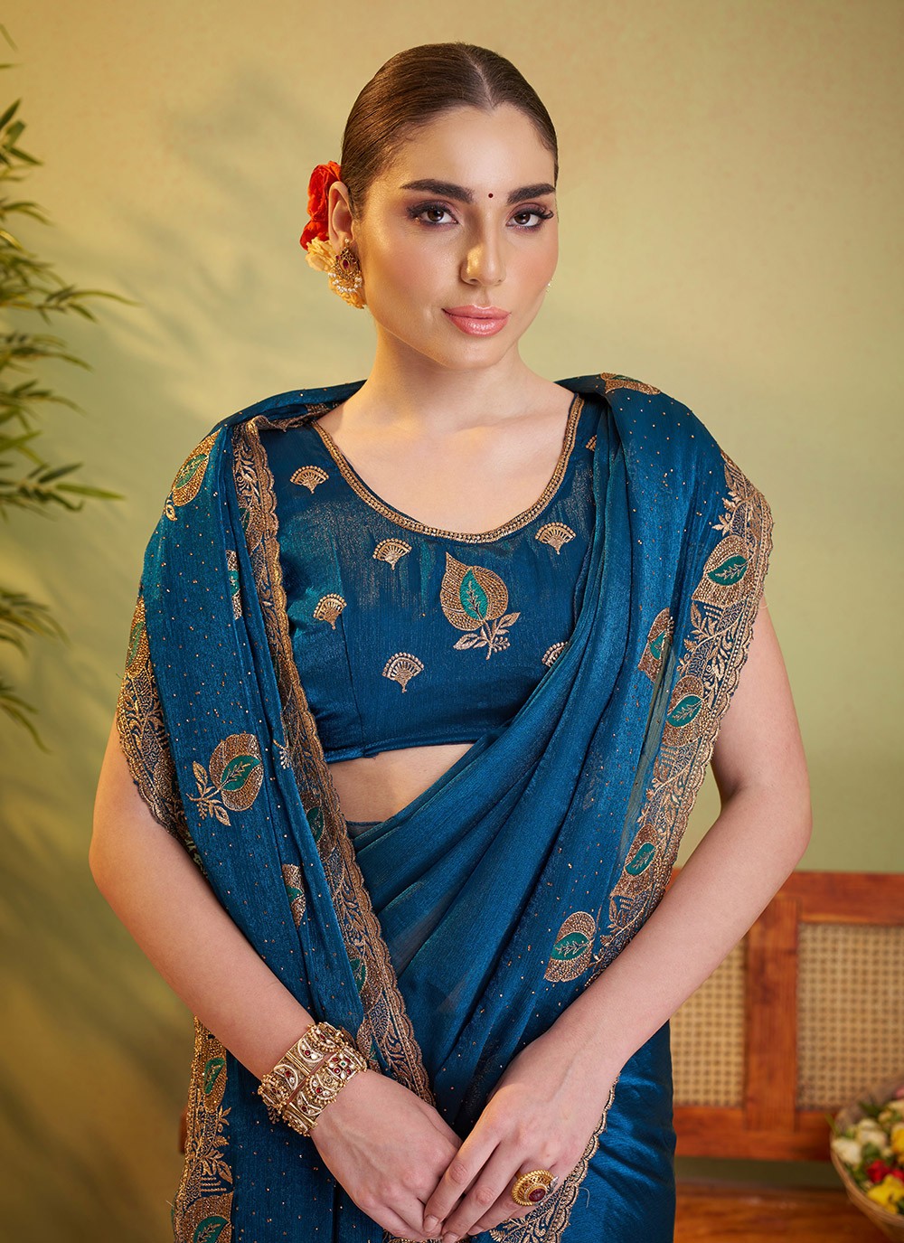 Embroidered Satin Morpeach Saree S14413