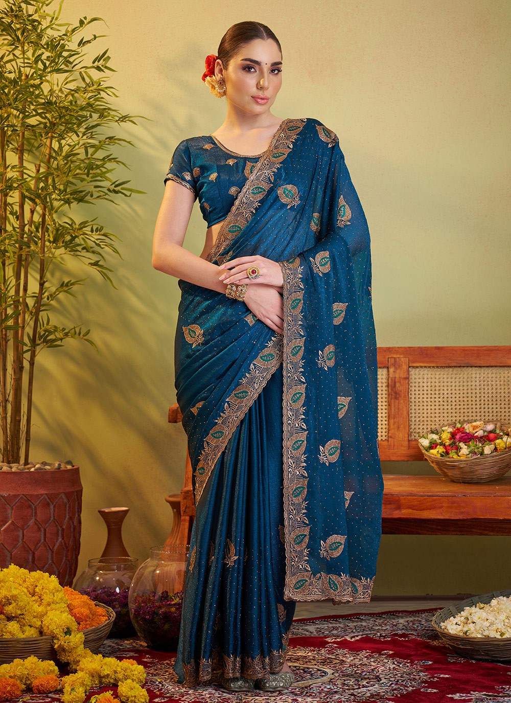 Embroidered Satin Morpeach Saree S14413