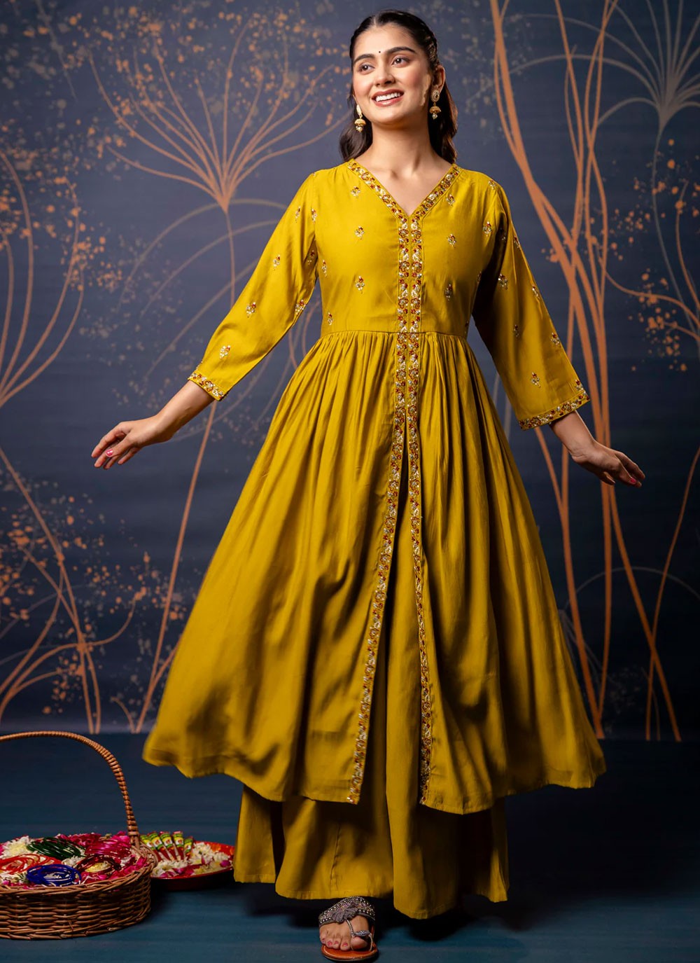 Embroidered Silk Blend Mustard Salwar Suit T6120