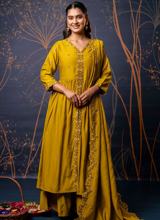 Embroidered Silk Blend Mustard Salwar Suit T6120
