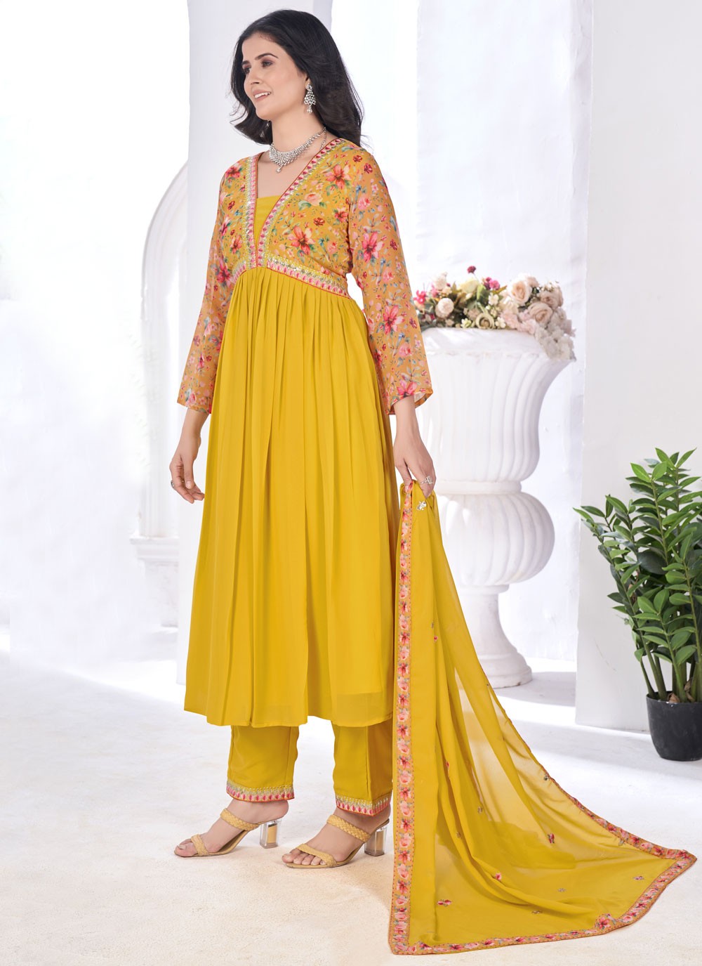 Salwar Suit Digital Print Mustard Faux Georgette T5096