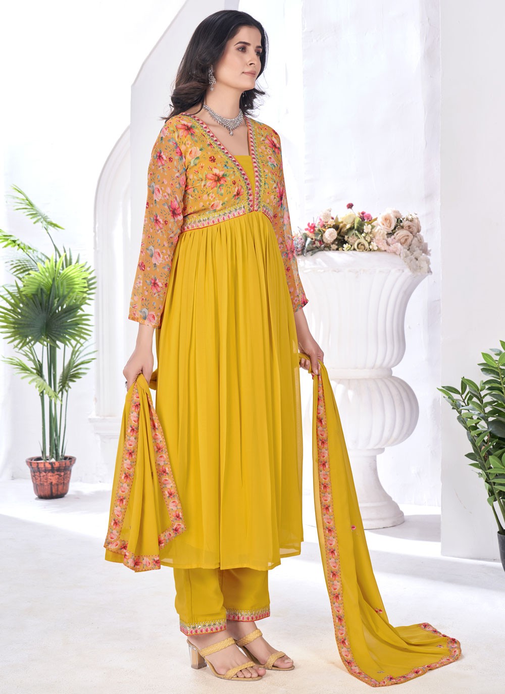 Salwar Suit Digital Print Mustard Faux Georgette T5096