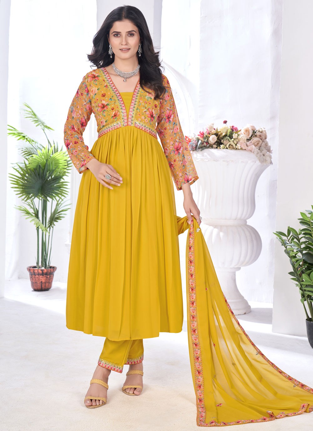 Salwar Suit Digital Print Mustard Faux Georgette T5096