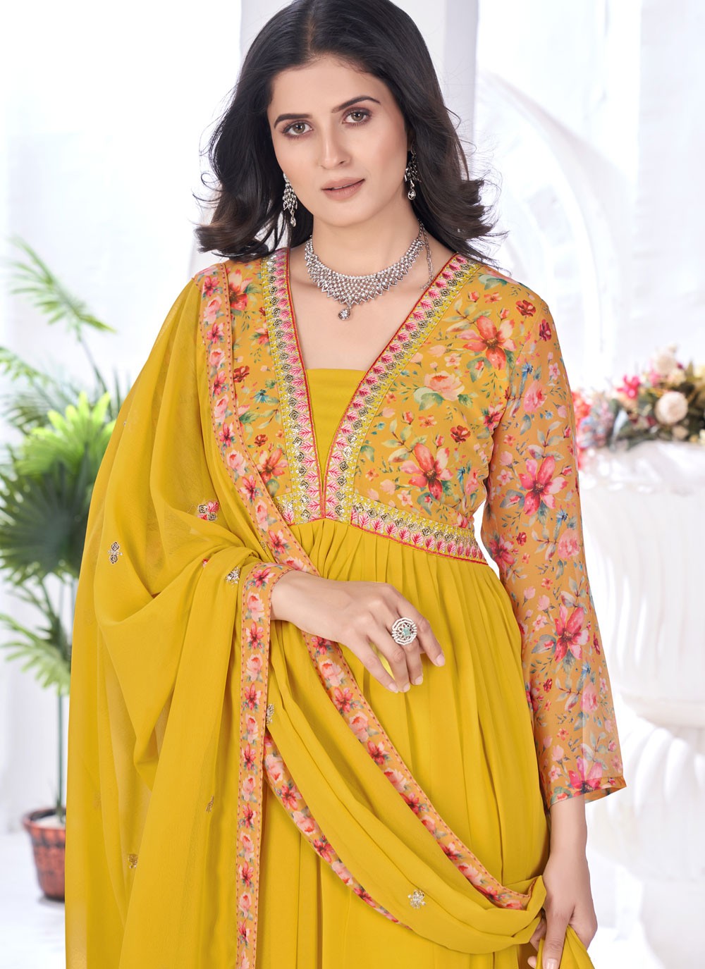 Salwar Suit Digital Print Mustard Faux Georgette T5096