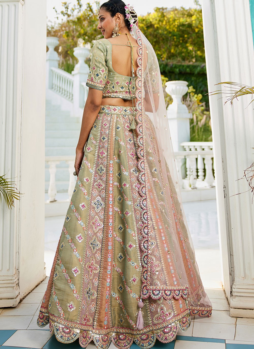 Embroidered Net Multi Colour Lehenga - L3350