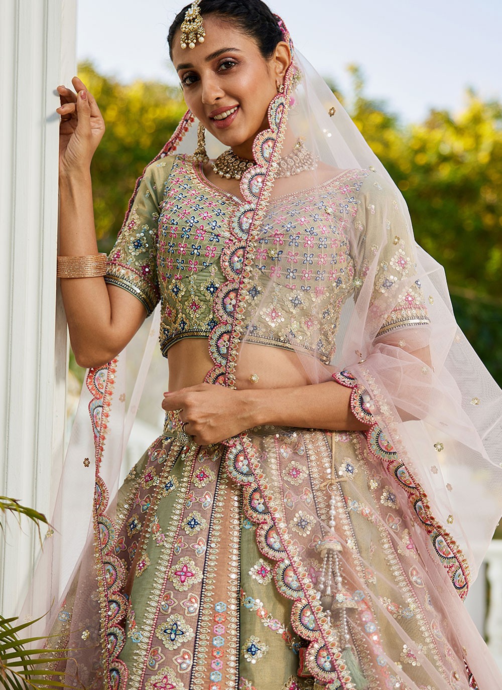 Embroidered Net Multi Colour Lehenga - L3350