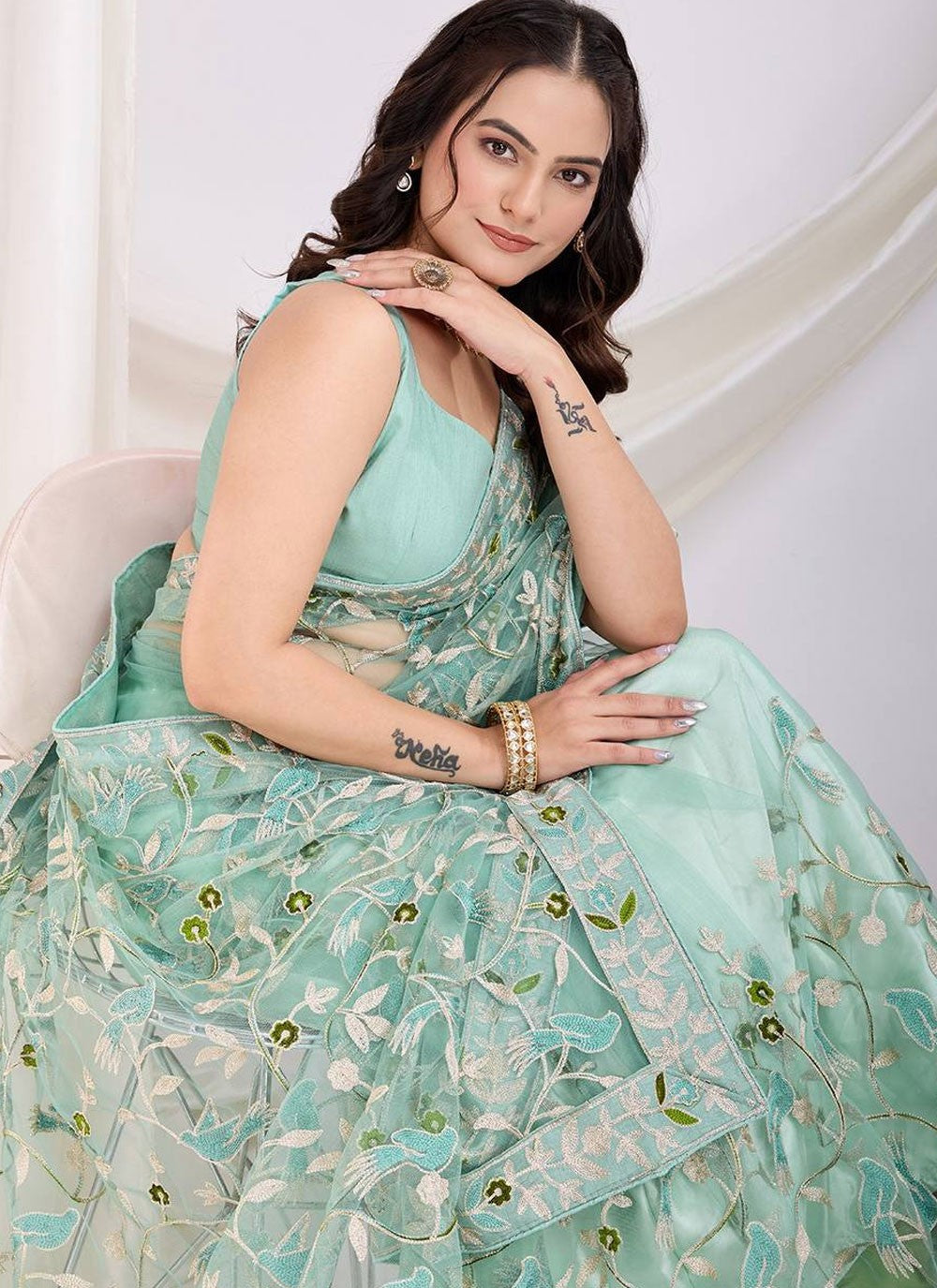 Classic Saree Chikankari Work Aqua Blue Net Saree S13073