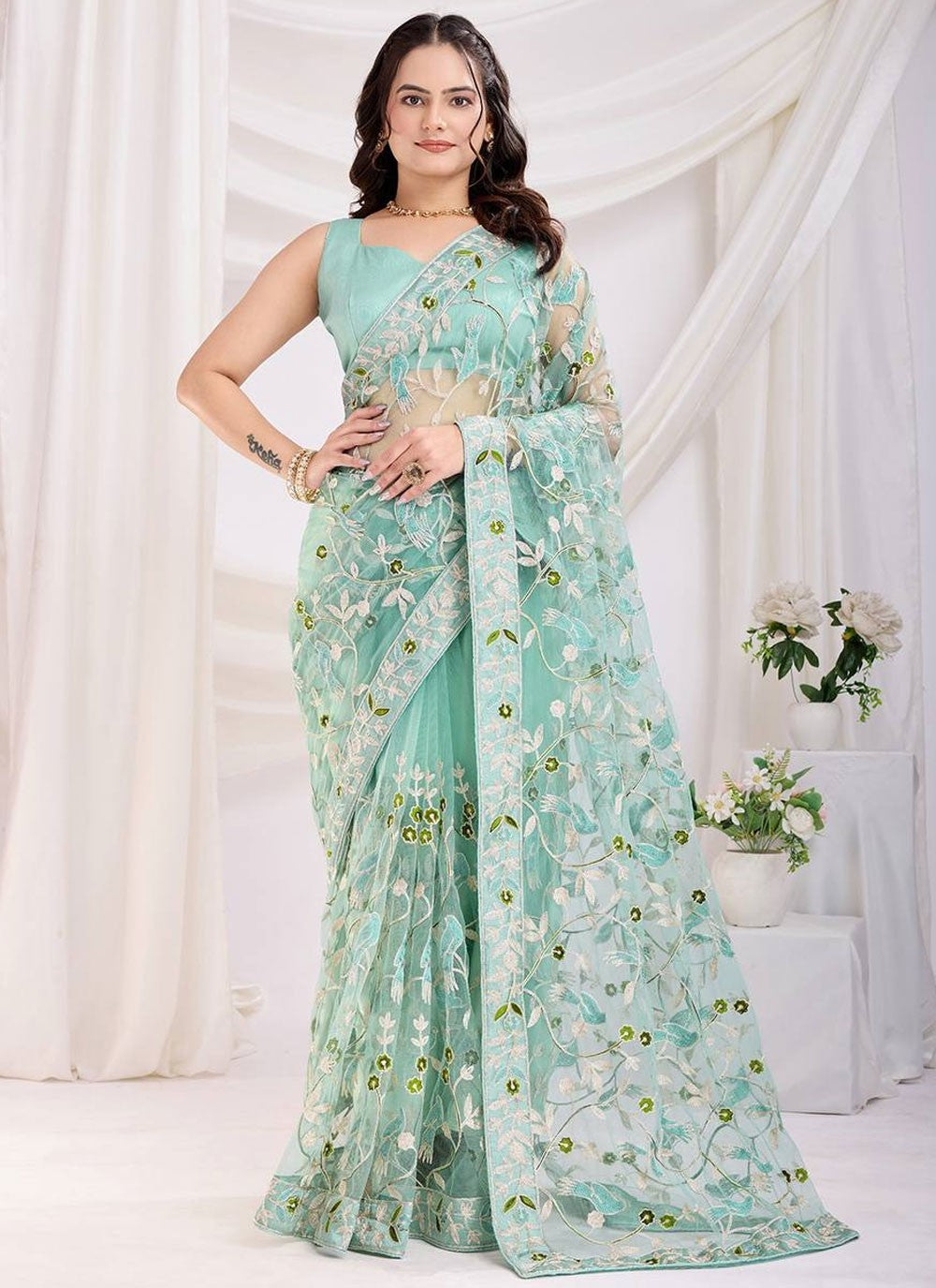 Classic Saree Chikankari Work Aqua Blue Net Saree S13073