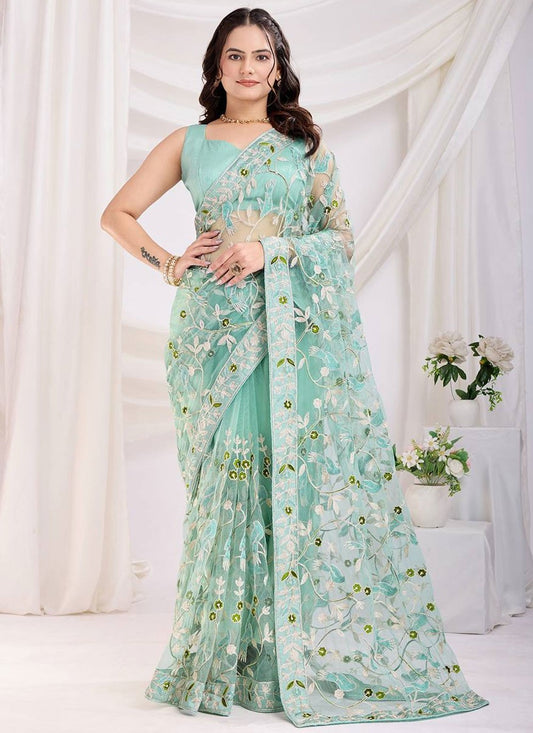 Classic Saree Chikankari Work Aqua Blue Net Saree S13073