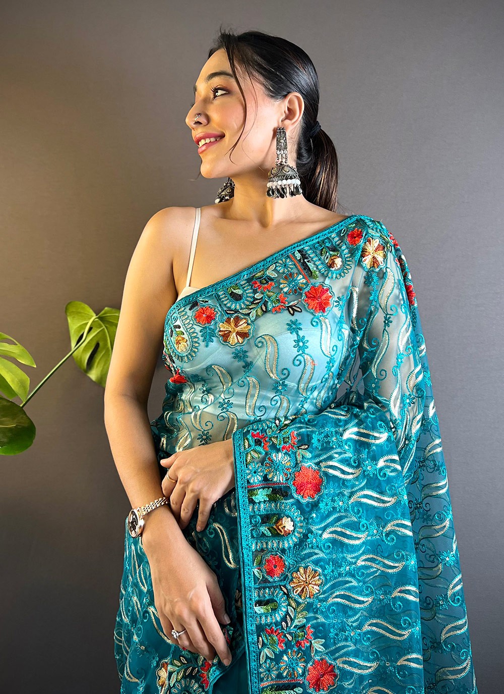 Embroidered, Thread Net Saree - S11645