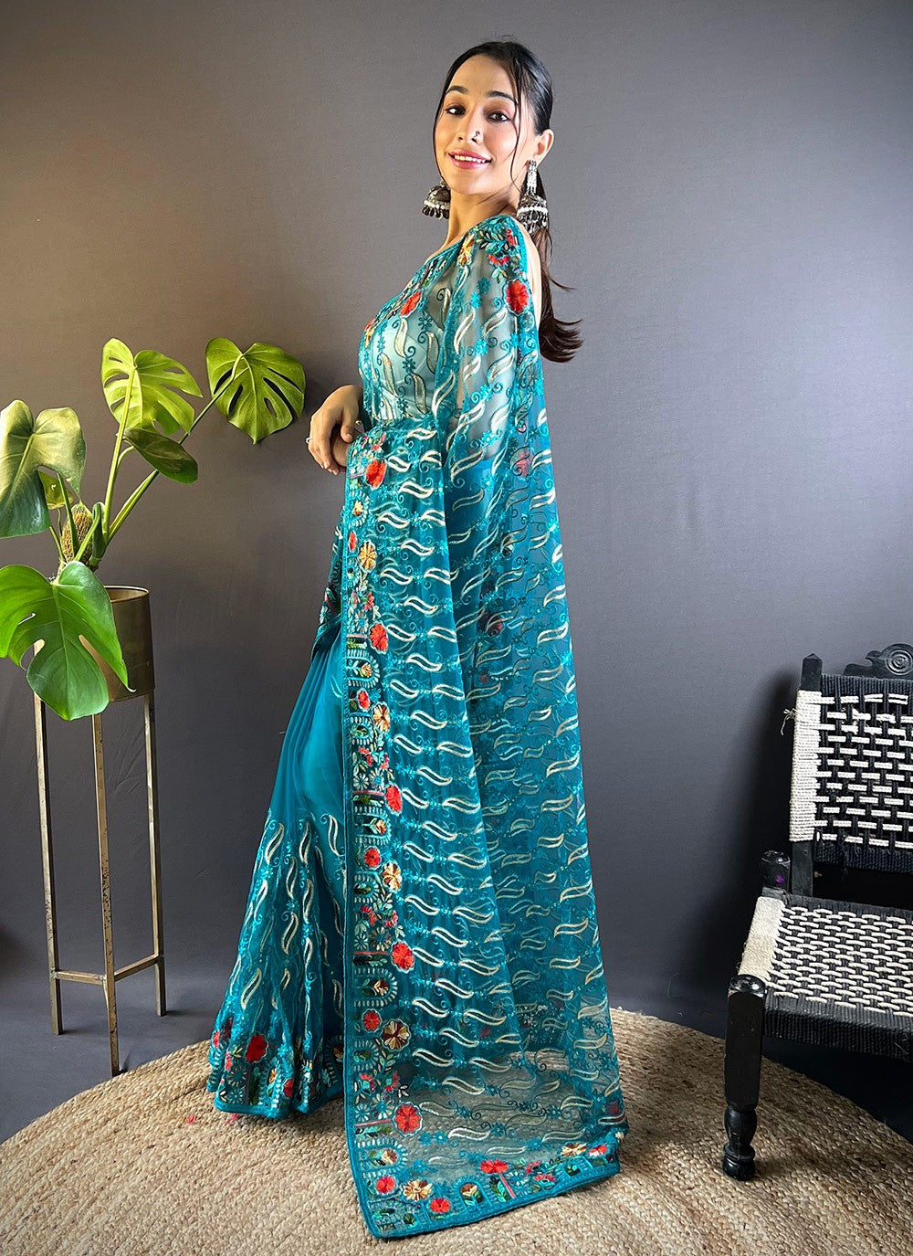 Embroidered, Thread Net Saree - S11645