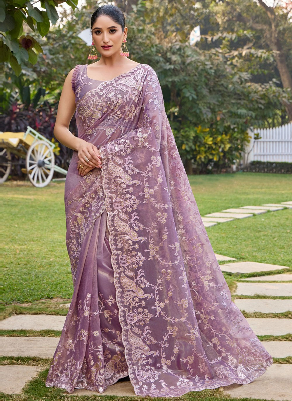 Contemporary Embroidered Purple Net Saree S13476