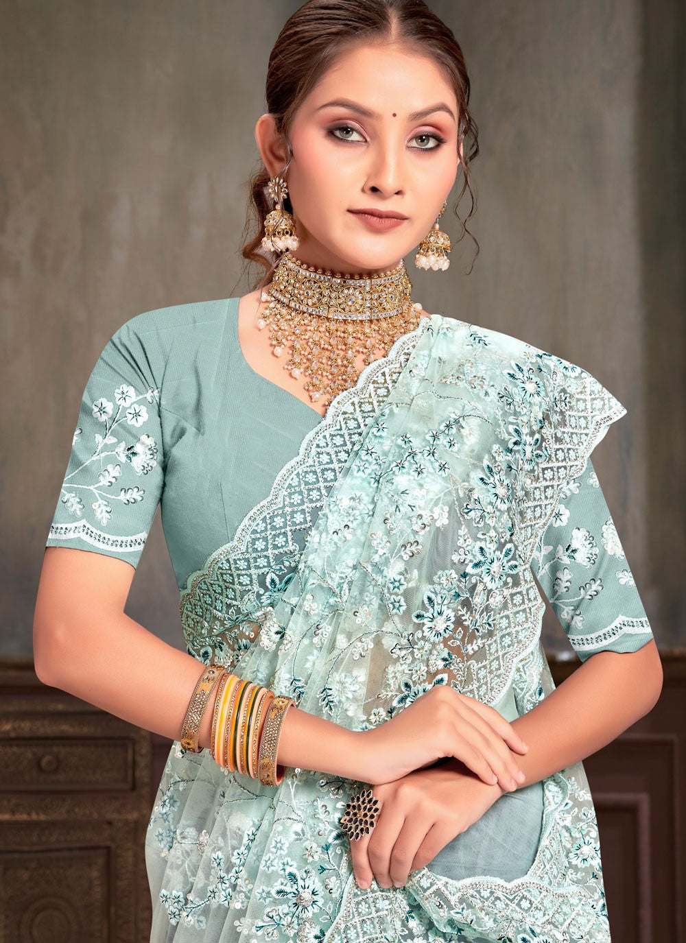 Classic Embroidered Net Saree - S7952