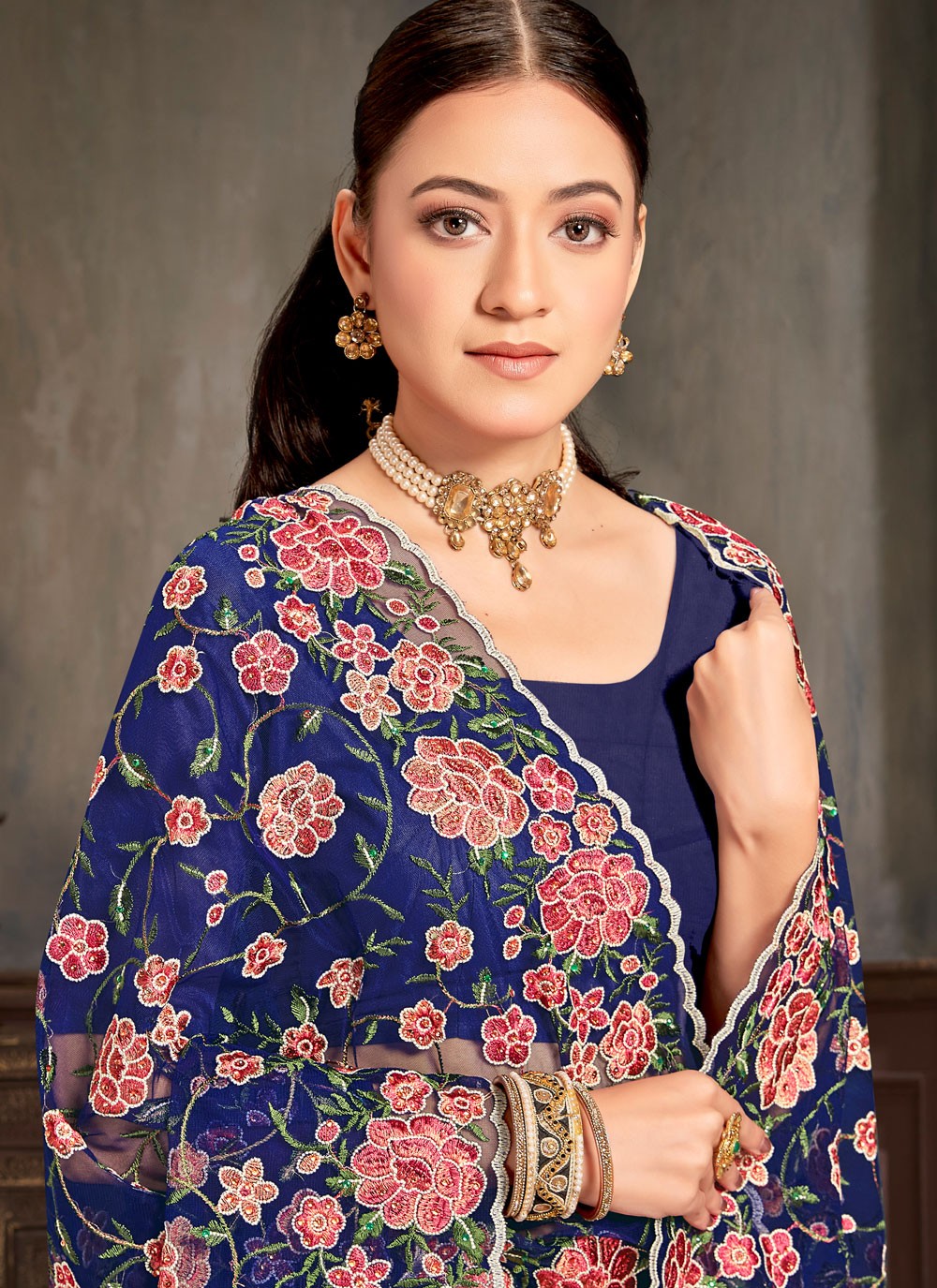 Embroidered Net Navy Blue Saree S14447